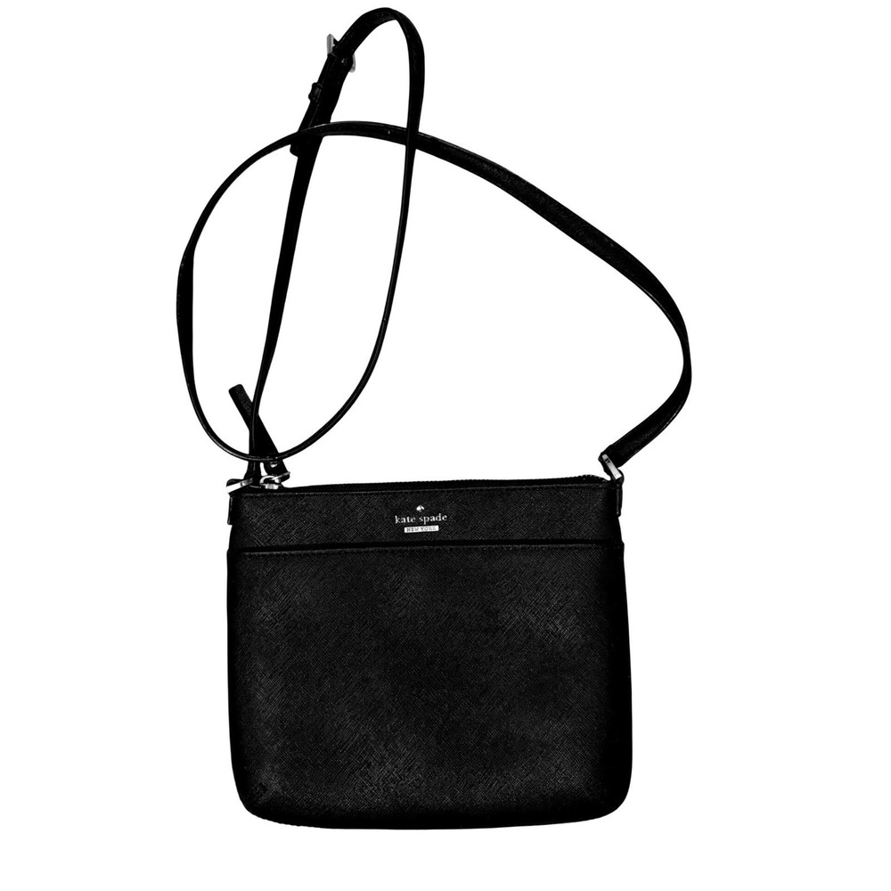 Kate Spade New York Black Saffiano Leather Crossbody Bag Gold Hardware Striped